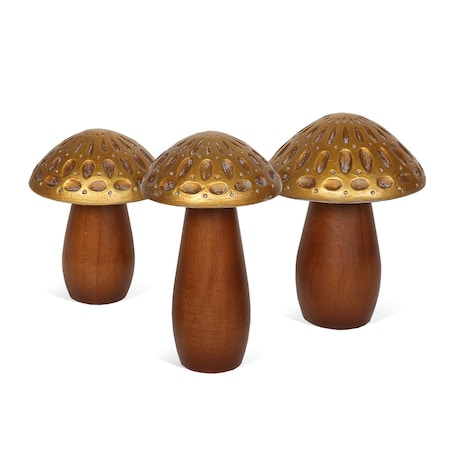 Homeroots Set of Three Brown And Gold Wood Mushroom Tabletop Sculptures, 3PK 574096