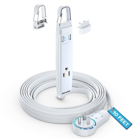 Maximm 10ft 16AWG 360 degrees Flat Plug Extension Cord w/ USB & Removable Hook, UL, White ADW-360-C210-WH