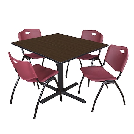 Regency Square Cain Breakroom Table W/ 4 M Stack Chairs, 48 in W, 48 in L, Neo Walnut TB4848NW47BY
