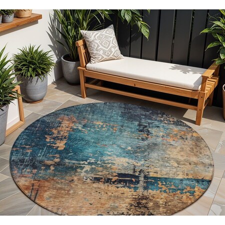 Homeroots 8' Teal Blue Black And Copper Round Abstract Washable Indoor Outdoor Area Rug 606076