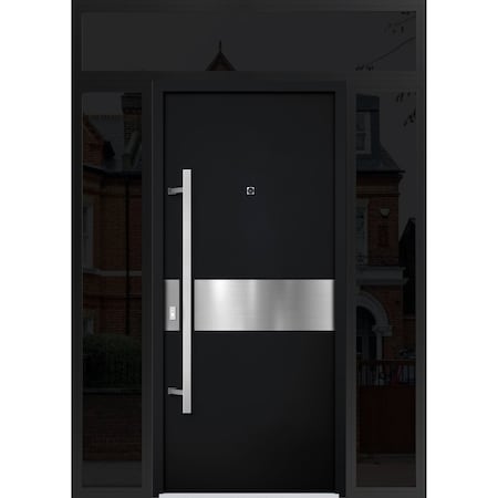 Vdomdoors Steel Door Deux 6072 Black Enamel 2 Sidelight and Transom Window Sidelite Entry Door Painted W12+36 DEUX6072EXD-BLK-W12+36+12 X H80+16-RH-I