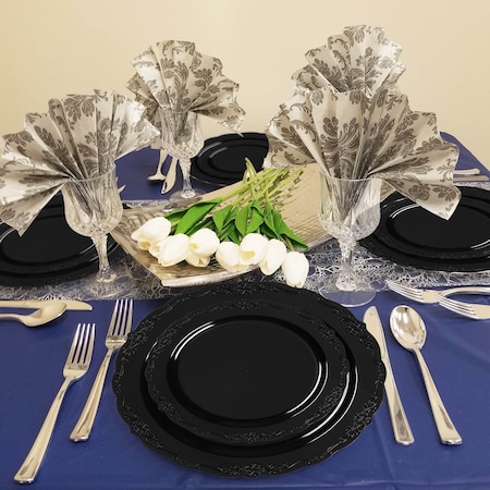 Smarty Had A Party Black Vintage Rim Round Plastic Dinnerware Value Set (120 Dinner Plates + 120 Salad Plates), 240PK 860BVP-CASE