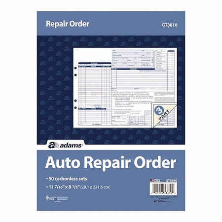Adams Business Forms Multipart Auto Repair Work Order Forms, Three-Part Carbonless, 10.94 x 8.5, 50PK GT3810