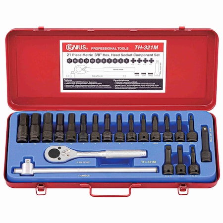 Genius Tools 21PC 3/8in Dr. Metric Hex Head Driver Component Set TH-321M