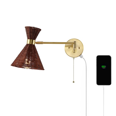 Jonathan Y Lily 25" 1-Light Mid-Century Vintage Retro Rattan/Metal USB Charging Swing Arm LED Sconce w/Pull Cha JYL1603B