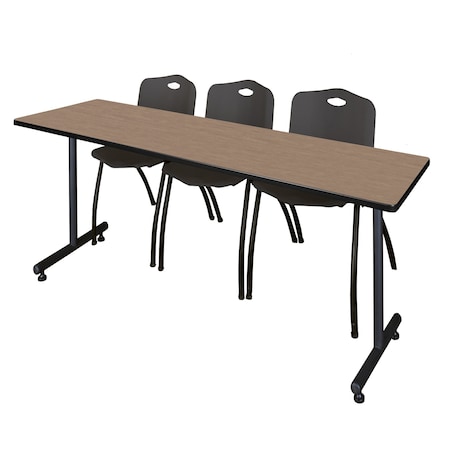 Regency Kobe T-Base Training Seminar Table W/ 2 M Stack Chairs, 84 in W, 24 in L, Noble Oak MKTRCT8424NO47BK