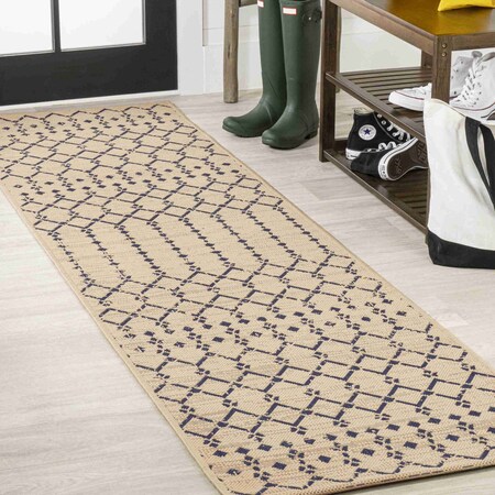 Jonathan Y Ourika Moroccan Geometric Textured Weave Beige/Navy 2 ft. x 10 ft. Indoor/Outdoor Runner Rug SMB108H-210