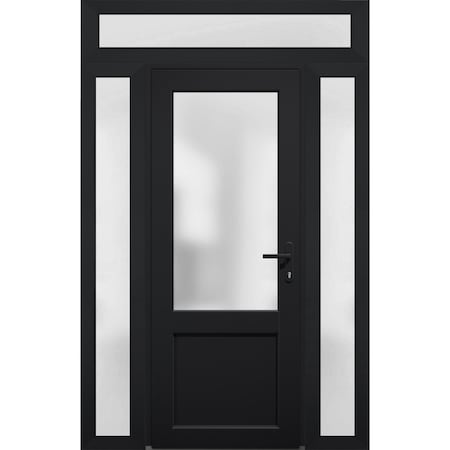 Vdomdoors Front Exterior Prehung FiberGlass Door Frosted Glass / Manux 8422 Matte Black / 2 Sidelight and Tra MANUX8422EXD-BLK-W14+36+14 x H80+14-LH