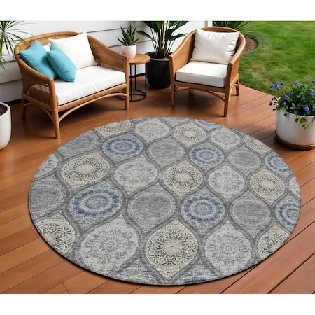 Homeroots 8' Gray Ivory And Navy Blue Round Floral Medallion Washable Indoor Outdoor Area Rug 614589