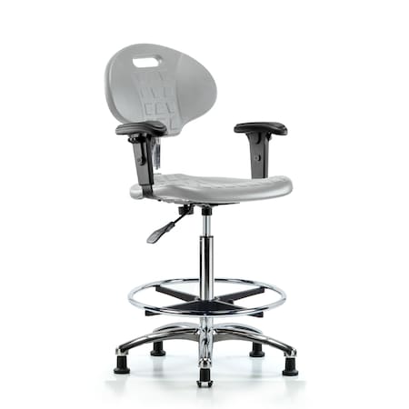 Blue Ridge Ergonomics CL100CleanRoom Chair-High Bench Height with Adj Arms, Chrome Foot Ring&Stat Glides in Gray Poly CLR-TPHBCH-CR-A1-CF-RG-GRY