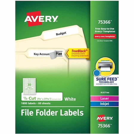 Avery File Folder Label, 21/32" Label W, 30 Labels per Sheet White 75366