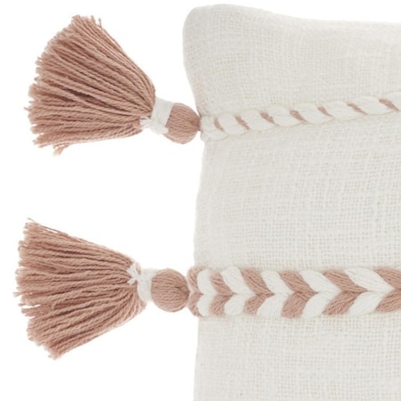 Homeroots 12" X 30" Pink and White Striped Cotton Lumbar Throw Pillow With Tassels 527947