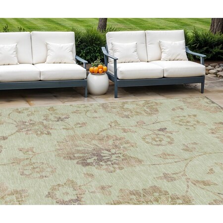 Homeroots 9' X 12' Artichoke Green Mint Green And Taupe Floral Washable Indoor Outdoor Area Rug 589450