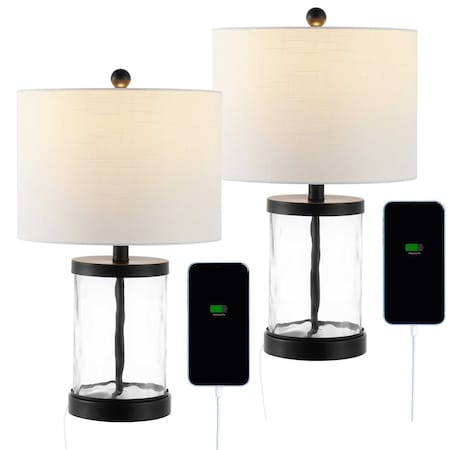 Jonathan Y Alexander 21" Modern Designer Iron/Water Glass LED Table Lamp w/ USB A+C Charging Ports, Black/C, 2PK JYL4058A-SET2