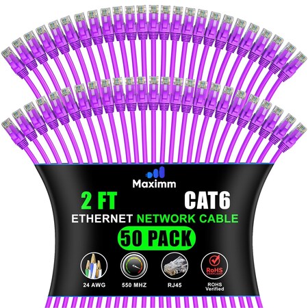 Maximm Cat6 Ethernet Cable 2ft 10Gbps 550MHz UTP, 50PK, Purple, 50PK CAT6CCA-2PU-50PK