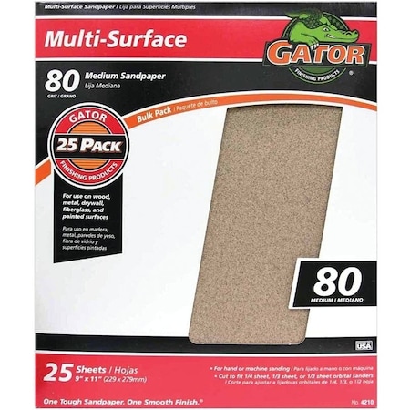 Gator Sanding Sheet, 11 in L, 9 in W, 80 Grit, Medium, Aluminum Oxide Abrasive 3265