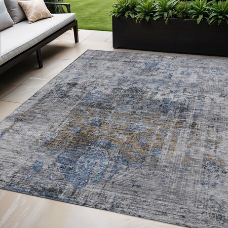 Homeroots 5' X 8' Blue And Gray Floral Washable Indoor Outdoor Area Rug 605074