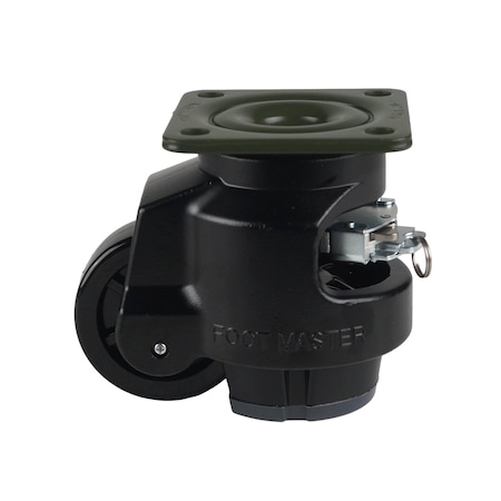 Foot Master Leveling Caster, Rachet, 75 mm Nylon Wheel, 95x95 mm Plate, Swivel, 750 kg Cap, NBR Foot Pad, Black GDR-100-F-NYN-FBL