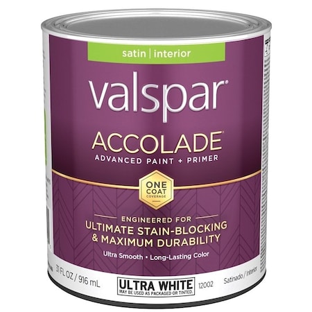 Valspar Accolade 1200 Latex Paint, Acrylic Base, Satin, Ultra White, 1 qt, Metal Can 028.0012002.005