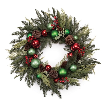 Homeroots 29" Green Red And Brown Artificial Pine Pinecone And Ornaments Christmas Wreath 634638