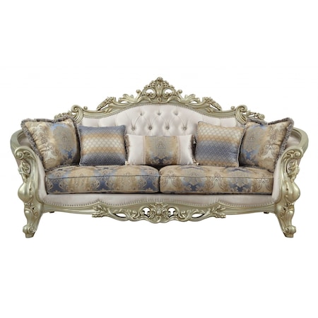 Homeroots 40" Antiqued White Velvet Curved Floral Sofa And Toss Pillows With Champagne Legs 348231