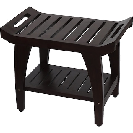 Homeroots Contemporary Teak Shower Bench With Shelf And Handles In Brown Finish 376682
