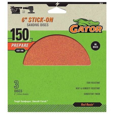Gator Finishing Red Resin 6 in. Stick-On Sanding Discs, 150 Grit, Very Fine, 3PK 3010