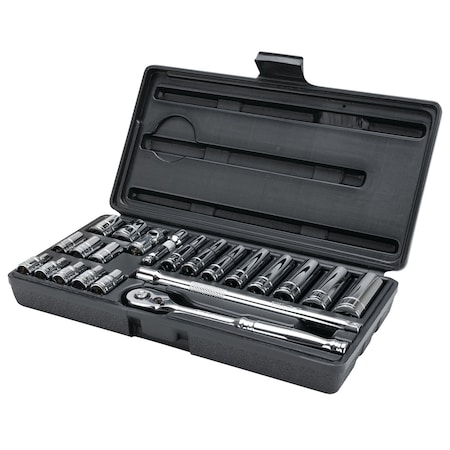 Performance Tool 22 pc. SAE 1/4 in. Dr. Socket Set, Ratchet, Extension, Storage Case W36901