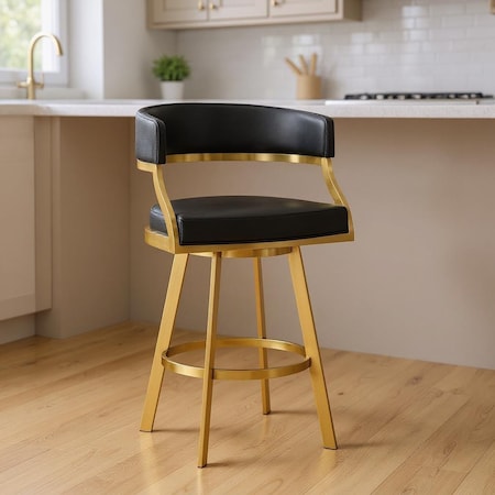 Homeroots 26" Black and Gold Faux Leather and Stainless Steel Low Back Counter Height Swivel Bar Chair 569176