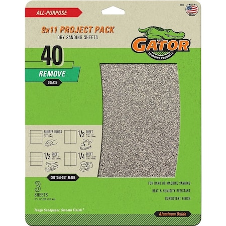 Gator Sanding Sheet, 11 in L, 9 in W, 40 Grit, Coarse, Aluminum Oxide Abrasive 4439