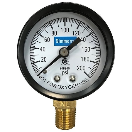 Simmons Simmons 1306 Pressure Gauge, MPT, 2 in Dial, Steel Gauge Case 1306
