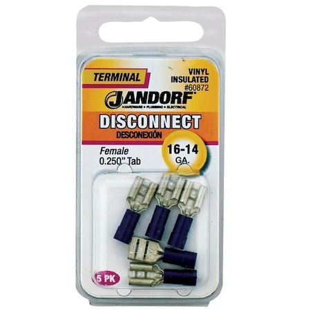 Jandorf Disconnect Terminal, 16 to 14 AWG Wire, Vinyl Insulation, Copper Contact, Blue, 5PK 60872