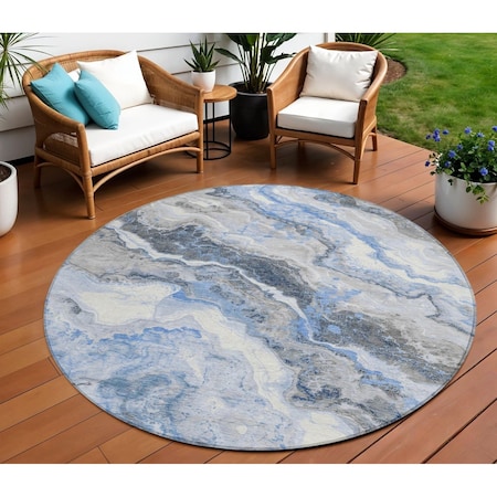 Homeroots 8' Blue And Silver Round Abstract Washable Indoor Outdoor Area Rug 618420