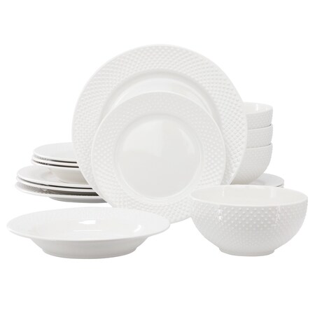 Elama Kim 16 Piece Hobnail Double Bowl Porcelain Dinnerware Set in White ELM-KIM16