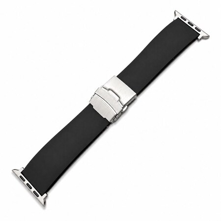 Elegani Rubber Band Compatible with Apple Watch 46mm, Black, Silver, Black, Rose Gold, Yellow Gold Buckle SFRBQR-BLK-46