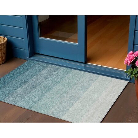 Homeroots 3' X 5' Teal Blue And Ivory Ombre Washable Indoor Outdoor Area Rug 595835