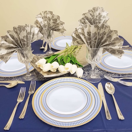Smarty Had A Party White with Blue and Gold Chord Rim Plastic Dinnerware Set (120 Dinner Plates+120 Salad Plates), 240PK 620VP-CASE