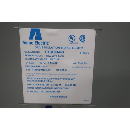 Acme DRIVE ISOLATION TRANSFORMER 34KVA 460V-AC 266/460V-AC 3PH DTGB0344S