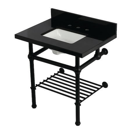 Kingston Brass 30" Black Granite Console Sink with Brass Legs and Shelf, 8-Inch, 3-Hole, Black Granite/Matte Black KVPK3030KBSQB0
