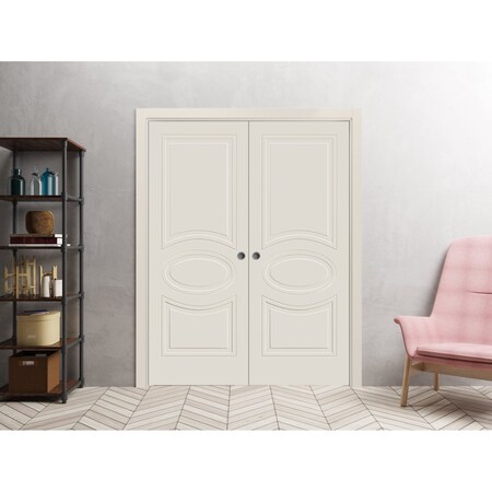 Vdomdoors Sliding French Double Pocket Doors 84 x 84 inches / Mela 7001 Painted Creamy / Kit Rail Hardware / MELA7001DP-CRF-8484