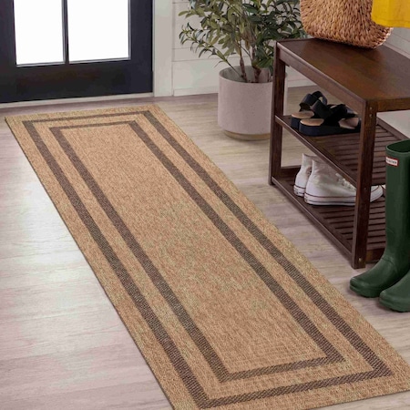 Jonathan Y Frenzy Smart Jute Minimalist Boho Inset Border Natural/Brown 2 ft. x 8 ft. Indoor/Outdoor Runner Rug FXV204B-28
