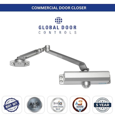 Global Door Controls Commercial Grade 3 Door Closer with Backcheck in Aluminum, Size 4, TC2200 Series TC2204-BC-AL