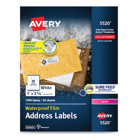 Avery Address Labels w/TrueBlock/Sure Feed, Laser, 1x2.63, White, PK1500 05520