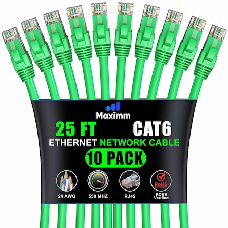 Maximm Cat6 Ethernet Cable 25ft 10Gbps 550MHz UTP, 10PK, Green, 10PK CAT6CCA-25GN10PK