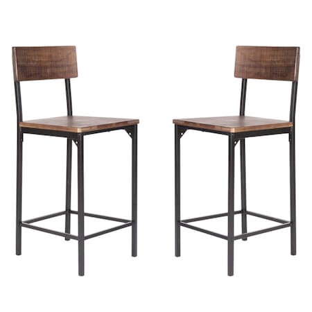 Homeroots Set of Two 25" Brown and Black Solid Wood and Metal Counter Height Bar Chairs, 2PK 555114