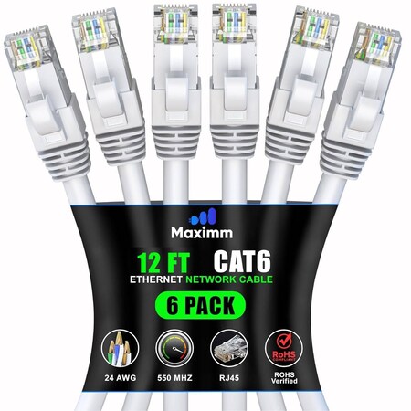 Maximm Cat6 Ethernet Cable 12ft 10Gbps 550MHz UTP, 6PK, White, 6PK WH6PK12