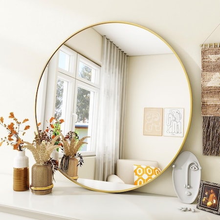 Simple Deluxe Gold 30 Inch Round Mirror, Large Circle Mirror Metal Frame, Bathroom Mirrors for Over Sink, Round M 3A88MIROY30GLD01