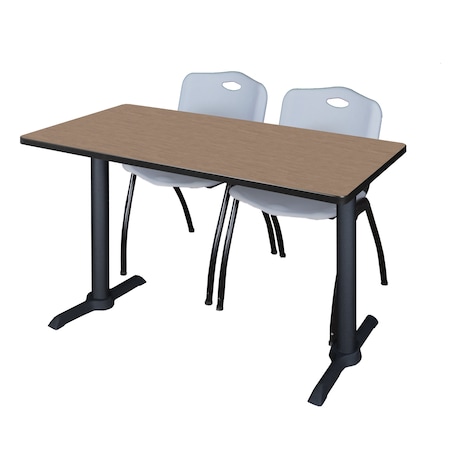 Regency Cain T-Base Training Seminar Table W/ 2 M Stack Chairs, 48 in W, 24 in L, Noble Oak MTRCT4824NO47GY