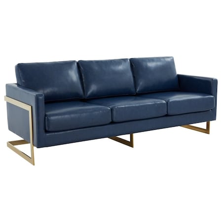 Leisuremod Lincoln Upholstered Leather Sofa with Gold Frame, Navy Blue LA83BU-L