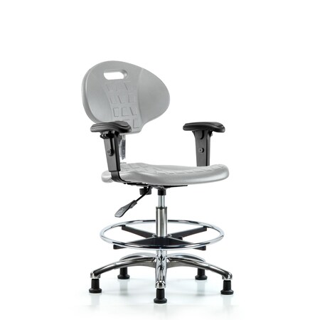 Blue Ridge Ergonomics CL100CleanRoom Chair-Medium Bench Ht with Adj Arms, Chrome Foot Ring &Stationary Glides in Gray Poly CLR-TPMBCH-CR-A1-CF-RG-GRY